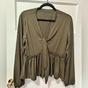 Fanway&EC Long Sleeve Tie Front Ruffle Hem Blouse